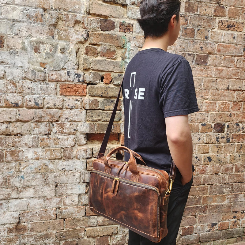 PYRMONT 16-BUFF-ZIP-LAPTOP BAG-BROWN